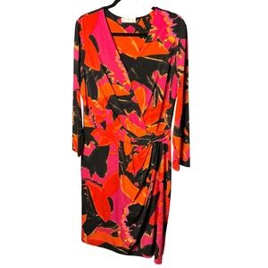 Natori Womens XL Pink Orange Abstract Floral Faux Wrap Dress Long Sleeve V-Neck